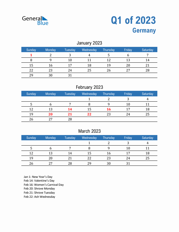 Germany 2023 Quarterly Calendar with Sunday Start