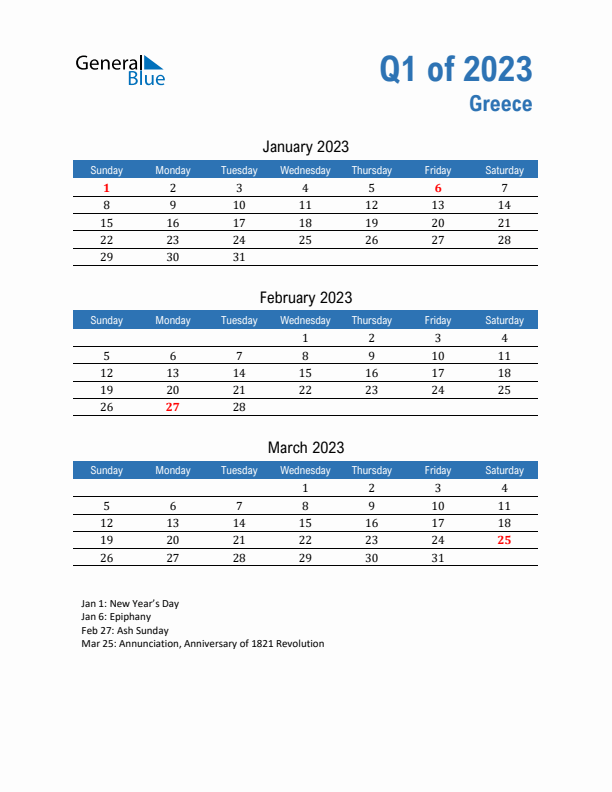 Greece 2023 Quarterly Calendar with Sunday Start