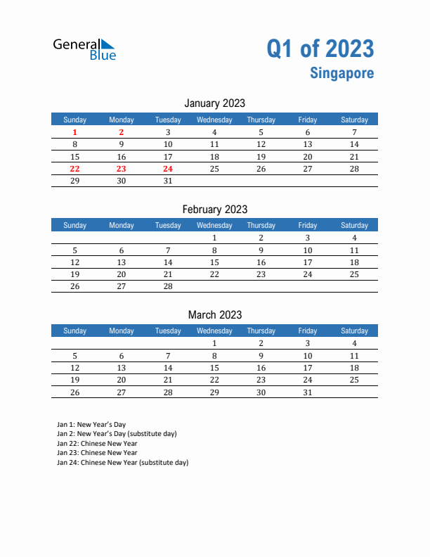 Singapore 2023 Quarterly Calendar with Sunday Start