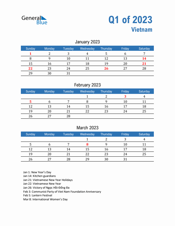 Vietnam 2023 Quarterly Calendar with Sunday Start