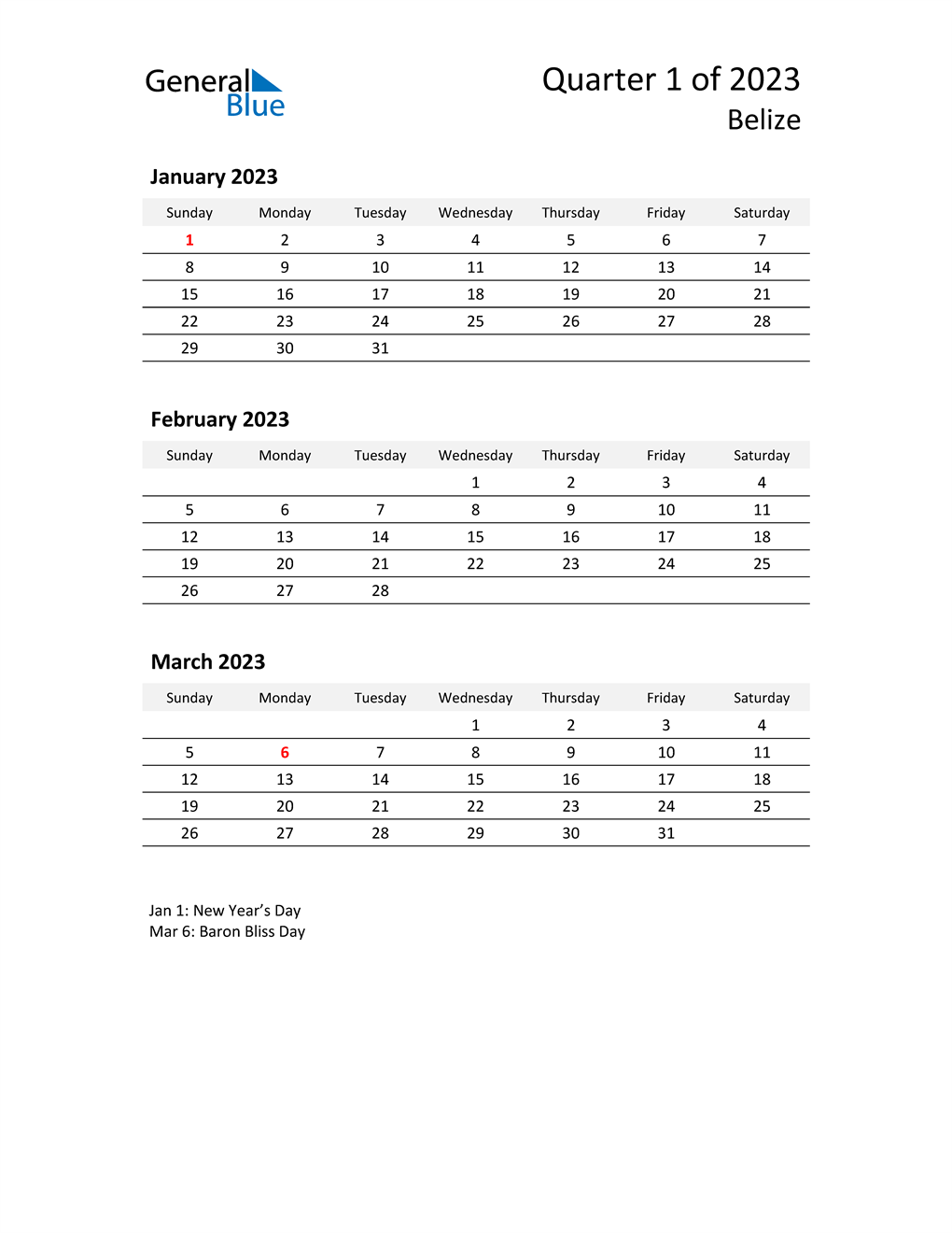  2023 Three-Month Calendar for Belize