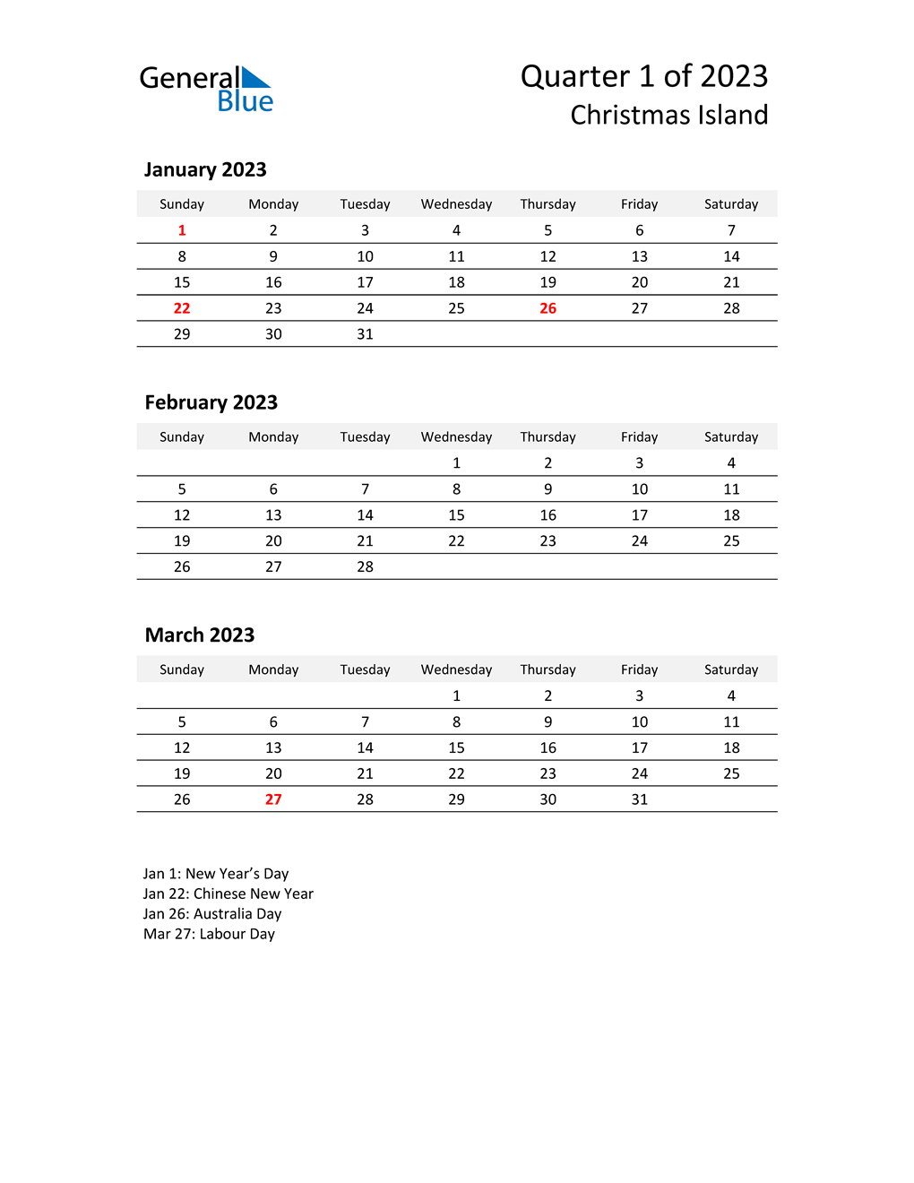  2023 Three-Month Calendar for Christmas Island