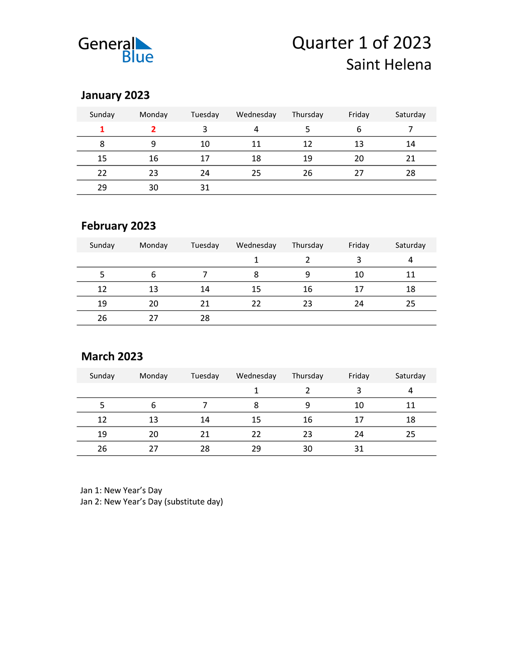  2023 Three-Month Calendar for Saint Helena