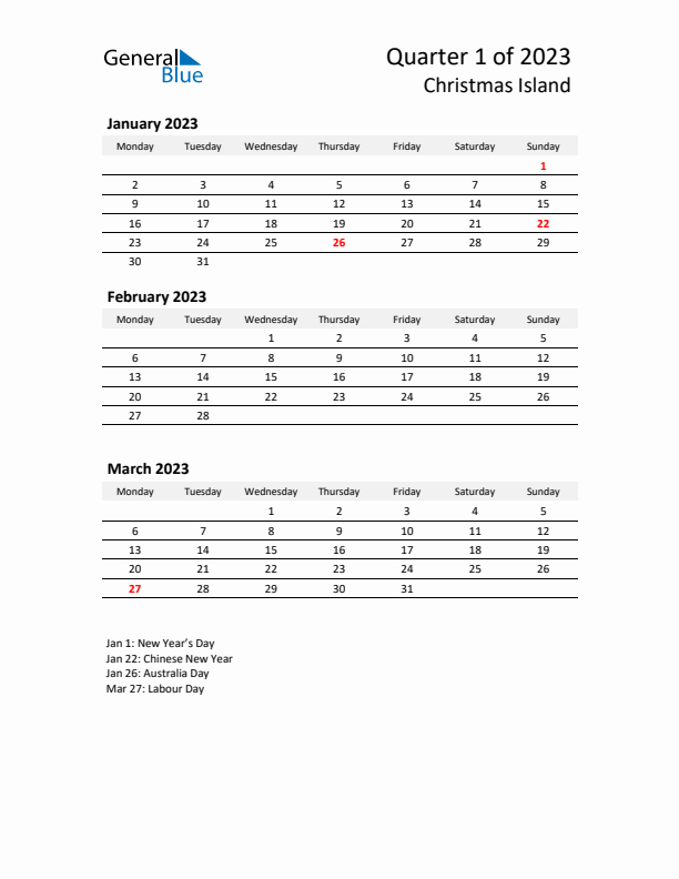 2023 Three-Month Calendar for Christmas Island