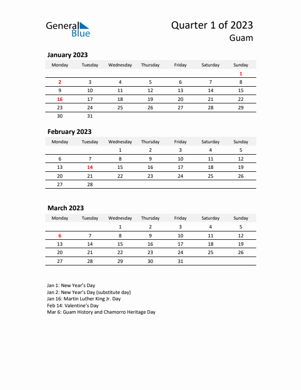 2023 Three-Month Calendar for Guam