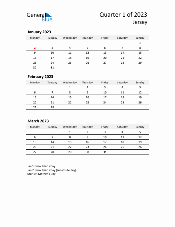 2023 Three-Month Calendar for Jersey