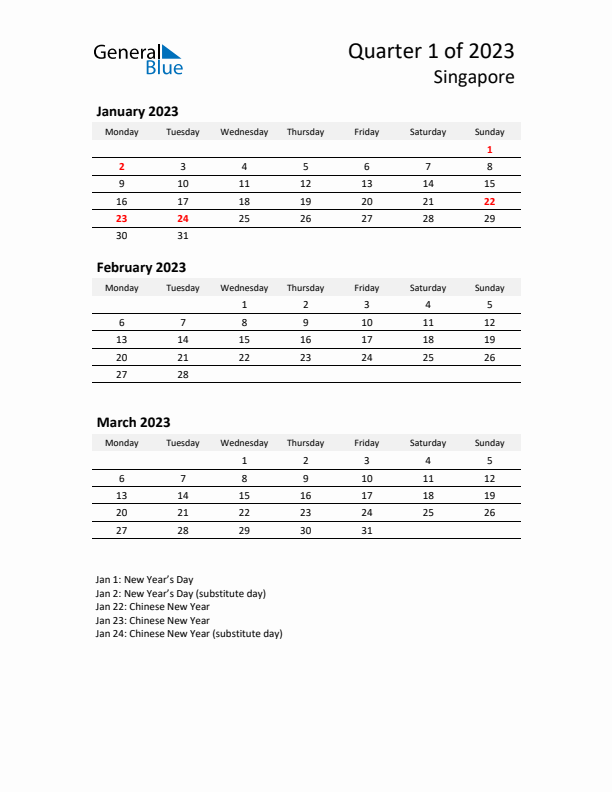 2023 Three-Month Calendar for Singapore