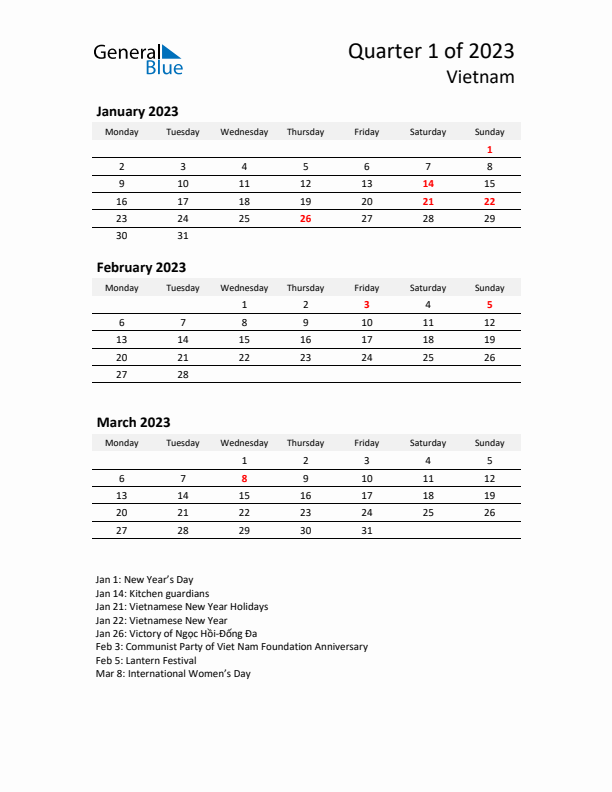 2023 Three-Month Calendar for Vietnam