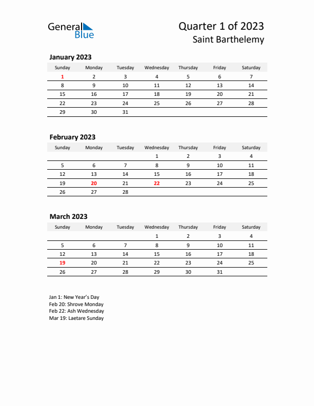 2023 Three-Month Calendar for Saint Barthelemy