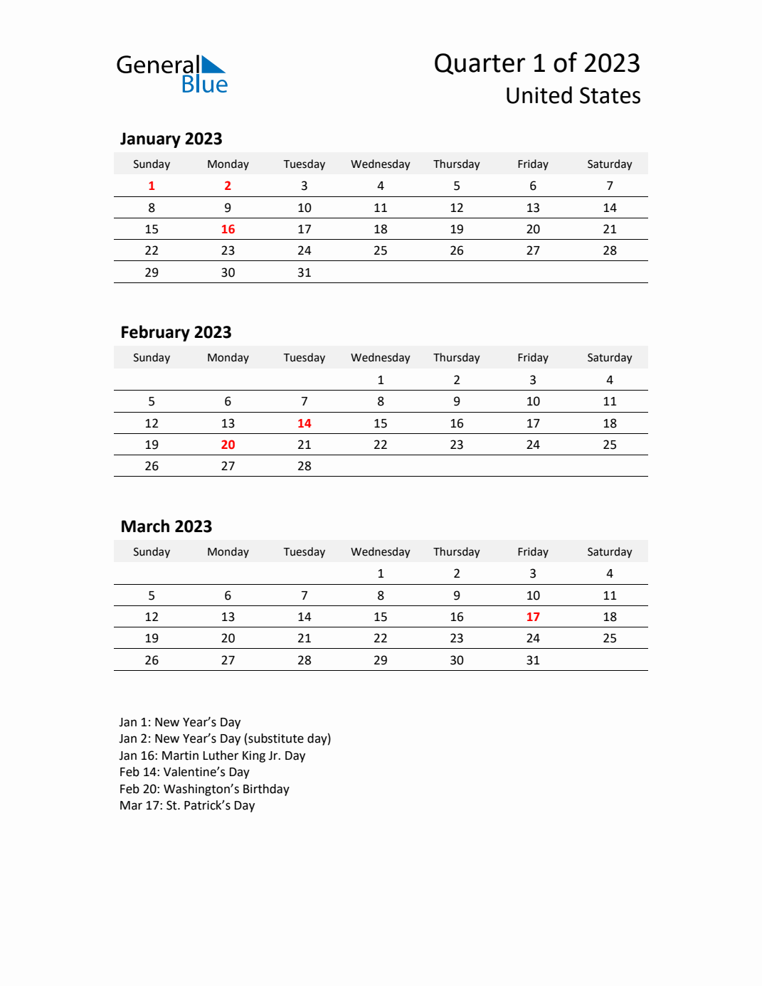 Q1 2023 Quarterly Calendar with United States Holidays (PDF, Excel, Word)