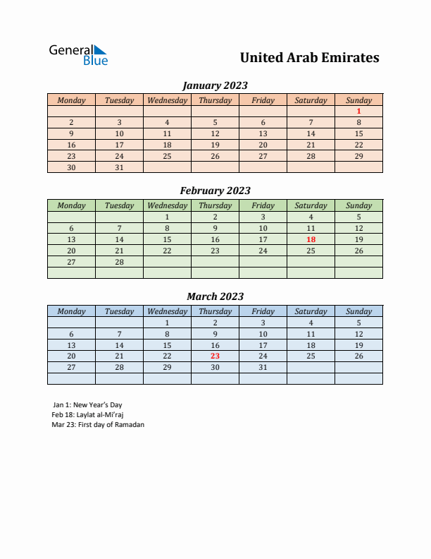 Q1 2023 Holiday Calendar - United Arab Emirates