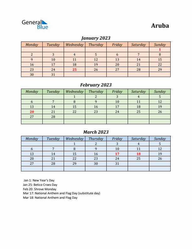 Q1 2023 Holiday Calendar - Aruba