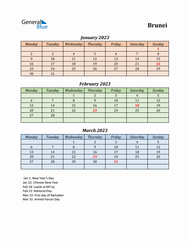 Q1 2023 Holiday Calendar - Brunei