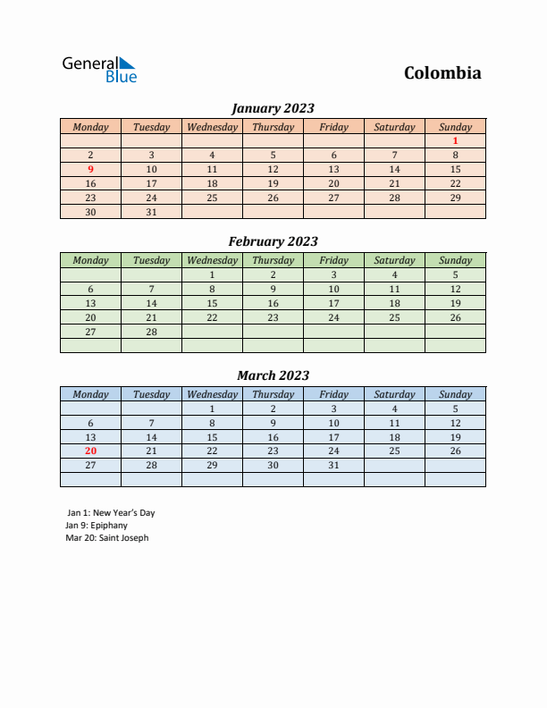Q1 2023 Holiday Calendar - Colombia