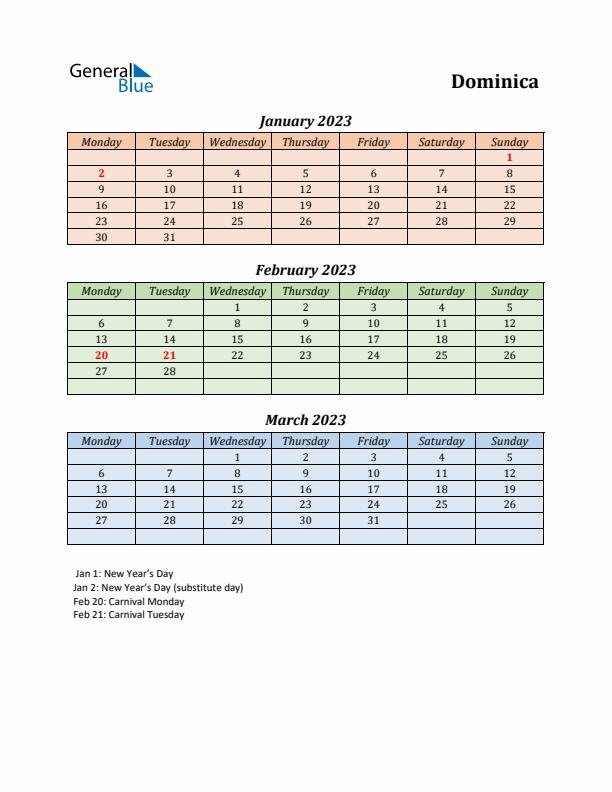 Q1 2023 Holiday Calendar - Dominica