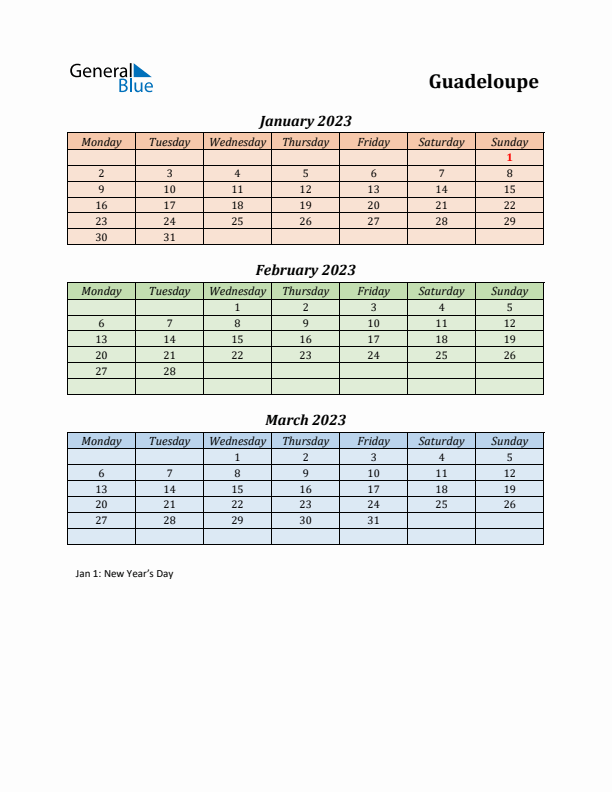 Q1 2023 Holiday Calendar - Guadeloupe