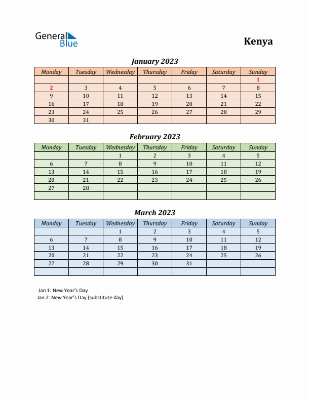 Q1 2023 Holiday Calendar - Kenya