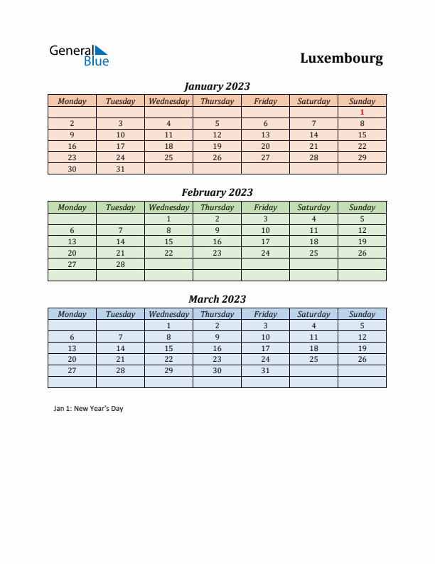 Q1 2023 Holiday Calendar - Luxembourg