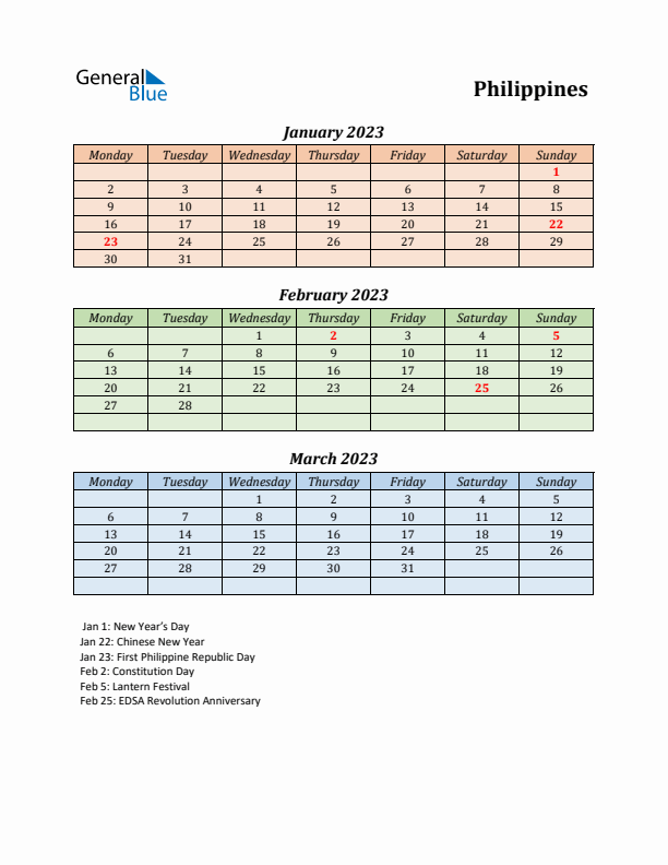 Q1 2023 Holiday Calendar - Philippines