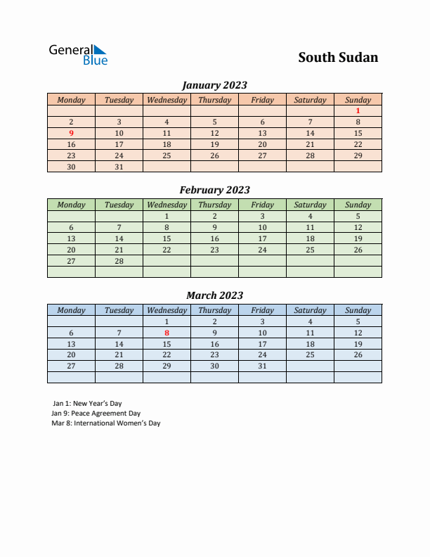 Q1 2023 Holiday Calendar - South Sudan