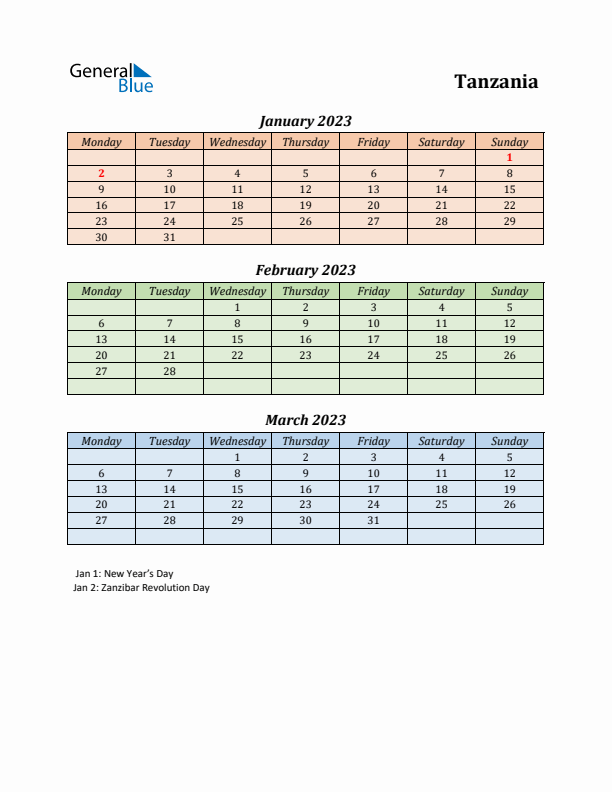 Q1 2023 Holiday Calendar - Tanzania