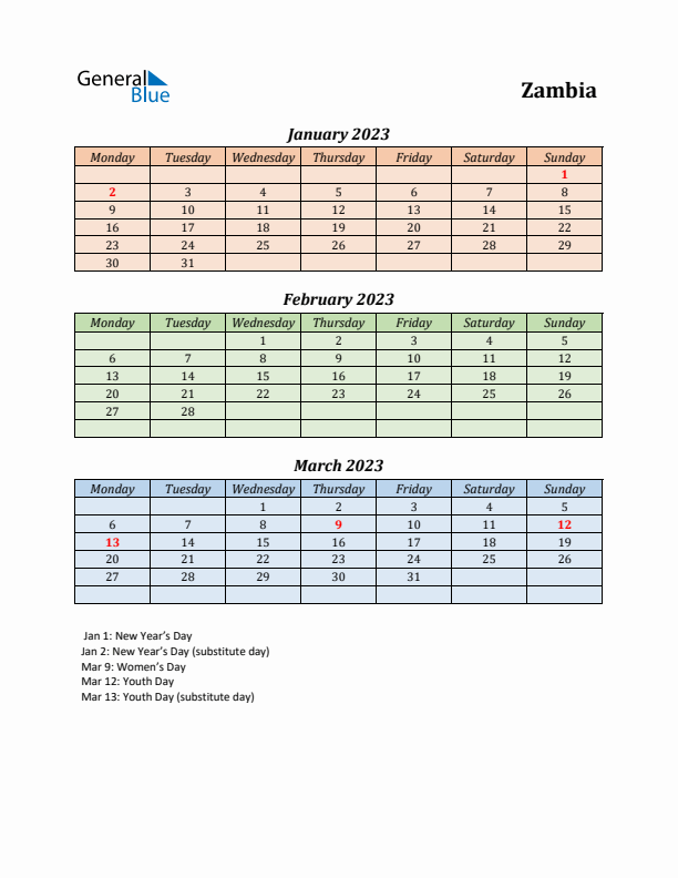 Q1 2023 Holiday Calendar - Zambia