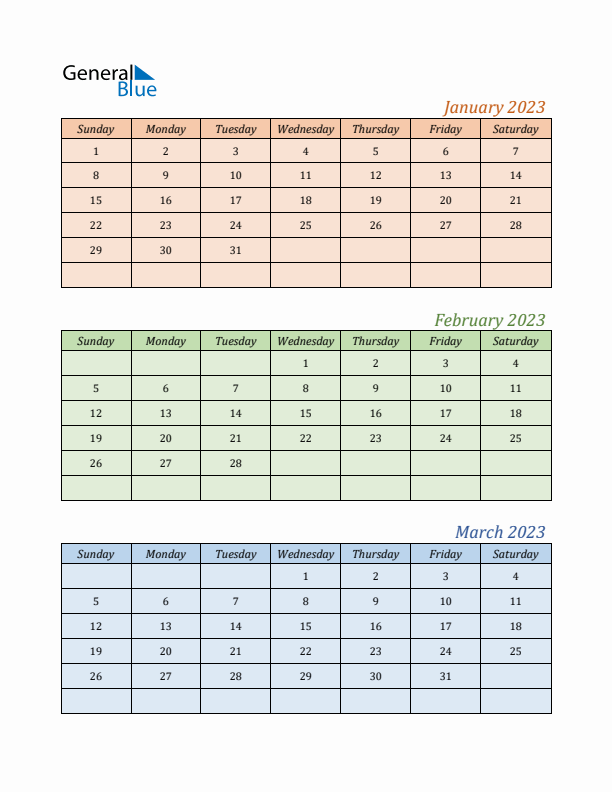 Three-Month Calendar for Year 2023 (January, February, and March)