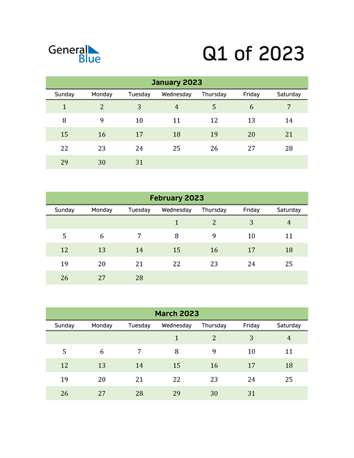  Printable Quarterly Calendar (Q1 2023)