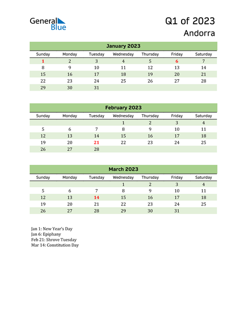  Quarterly Calendar 2023 with Andorra Holidays 