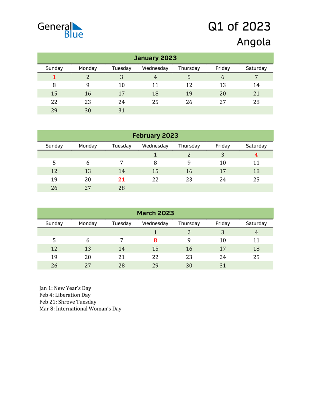  Quarterly Calendar 2023 with Angola Holidays 