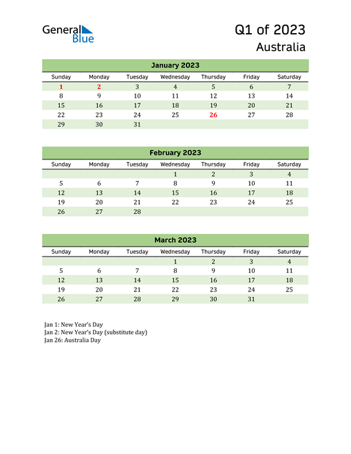  Quarterly Calendar 2023 with Australia Holidays 