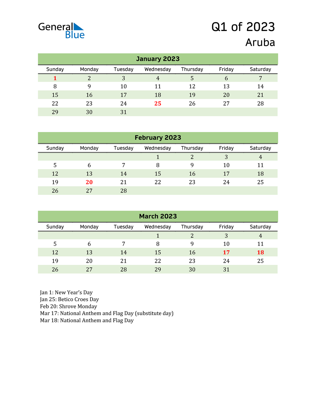  Quarterly Calendar 2023 with Aruba Holidays 