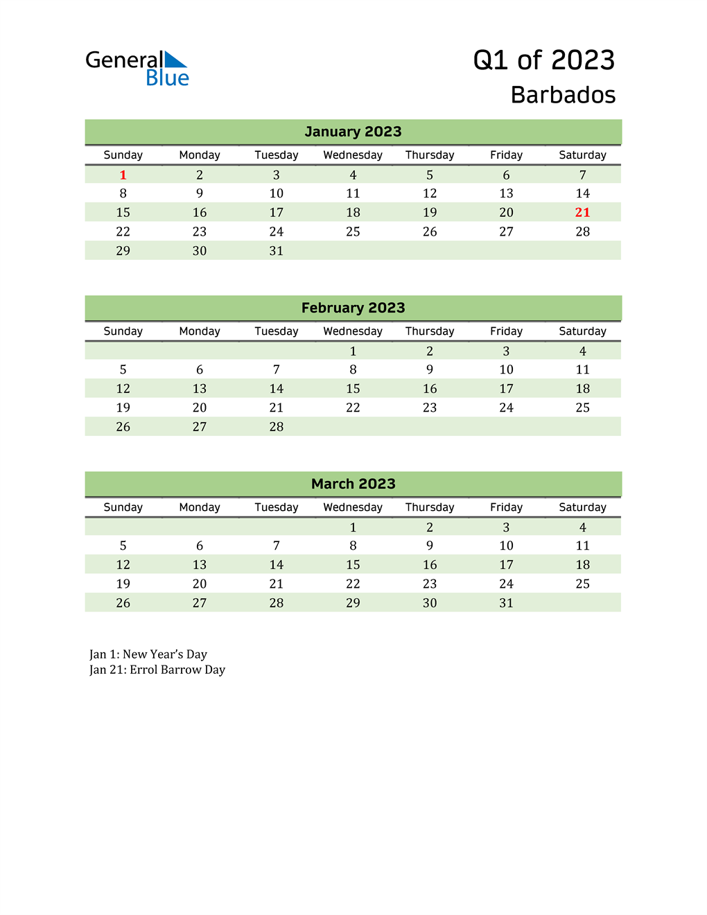  Quarterly Calendar 2023 with Barbados Holidays 