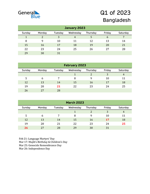  Quarterly Calendar 2023 with Bangladesh Holidays 