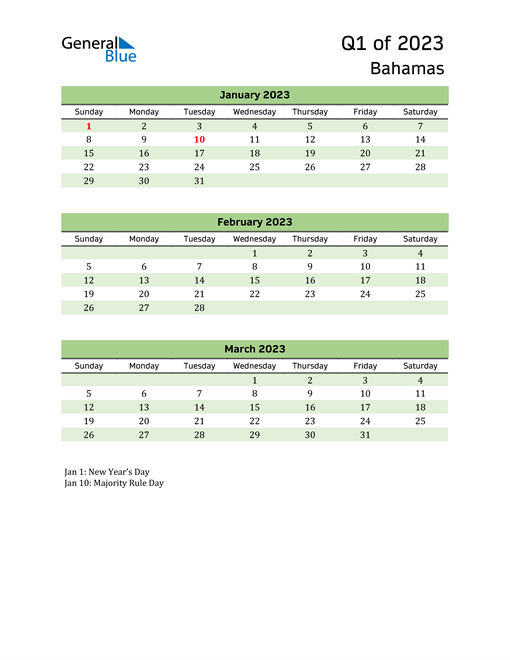  Quarterly Calendar 2023 with Bahamas Holidays 