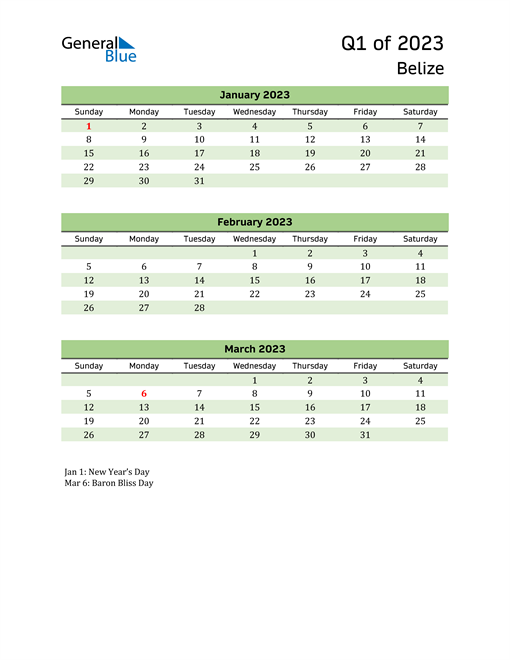  Quarterly Calendar 2023 with Belize Holidays 