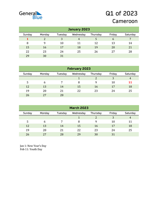  Quarterly Calendar 2023 with Cameroon Holidays 