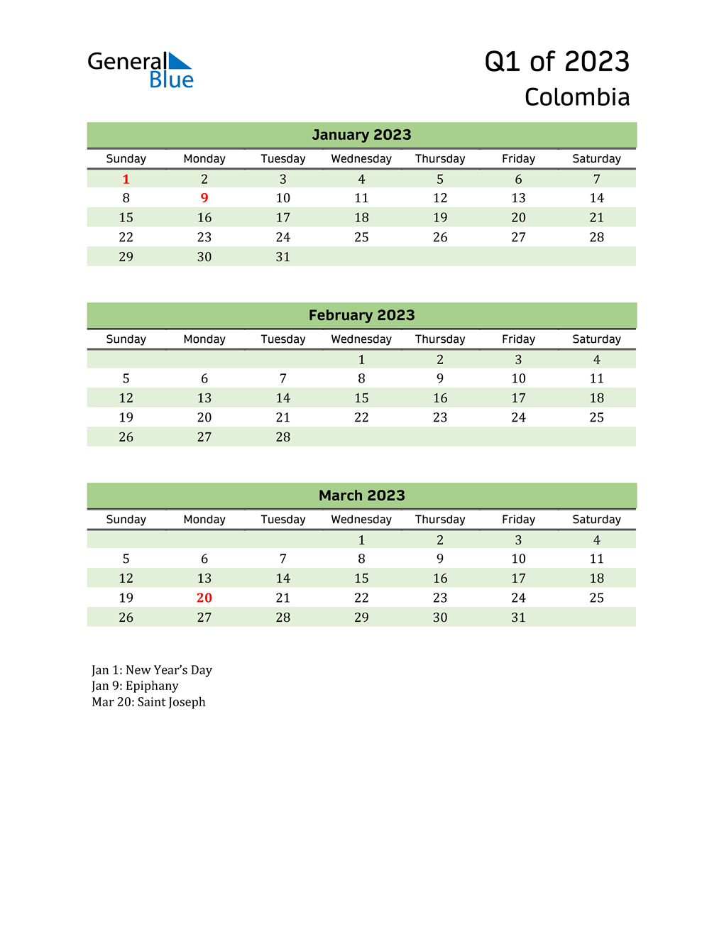  Quarterly Calendar 2023 with Colombia Holidays 