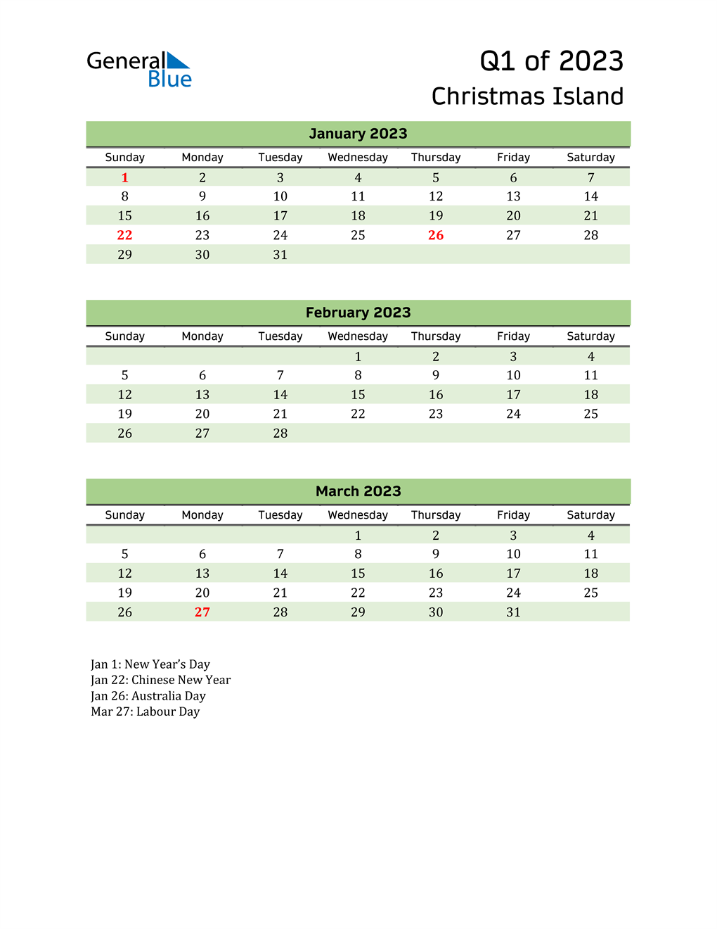  Quarterly Calendar 2023 with Christmas Island Holidays 