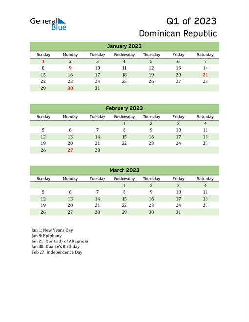  Quarterly Calendar 2023 with Dominican Republic Holidays 