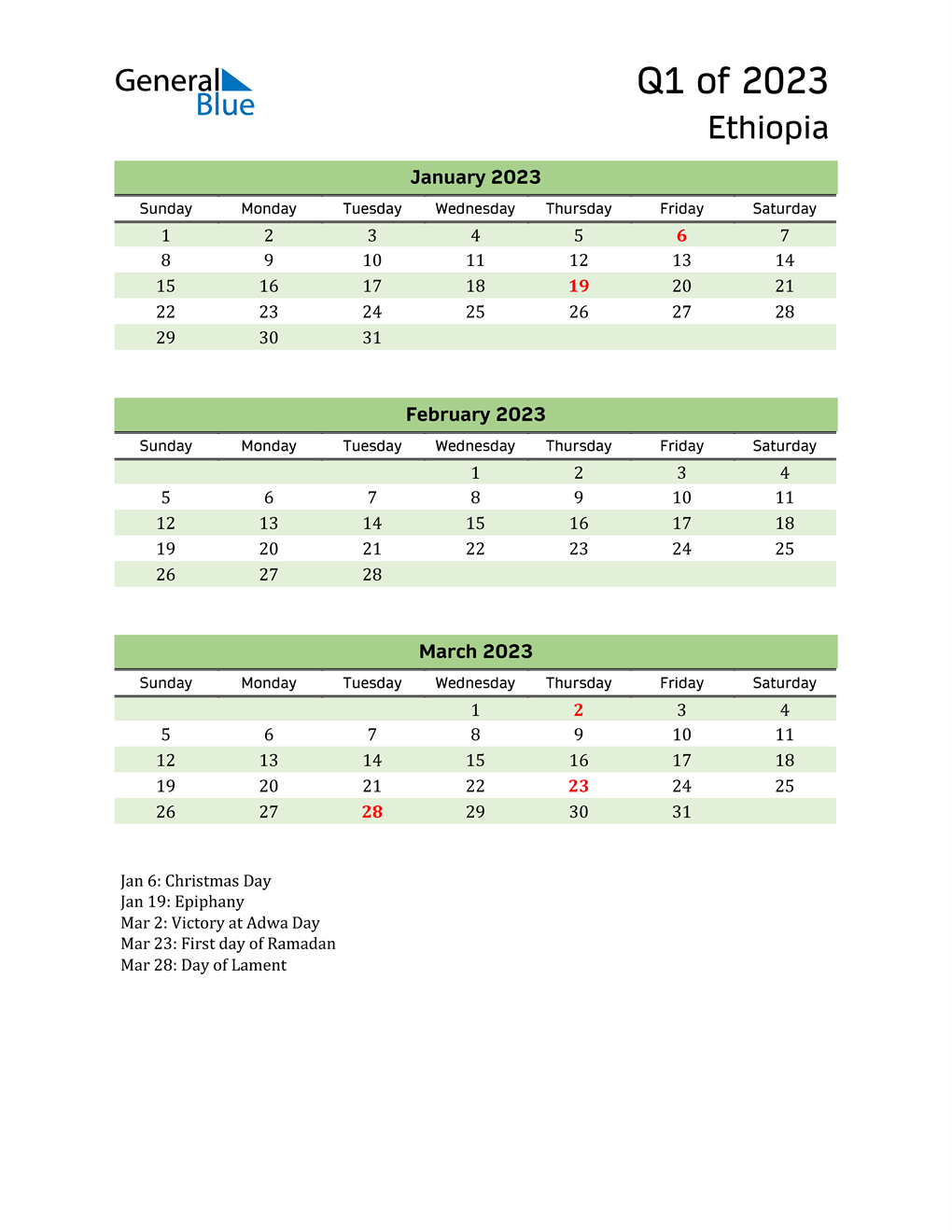  Quarterly Calendar 2023 with Ethiopia Holidays 