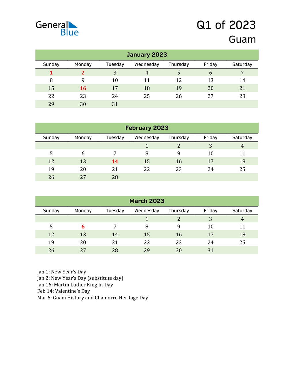  Quarterly Calendar 2023 with Guam Holidays 