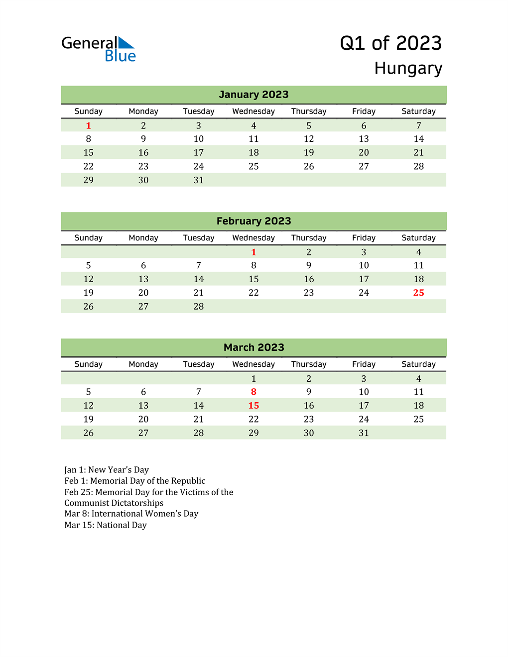  Quarterly Calendar 2023 with Hungary Holidays 