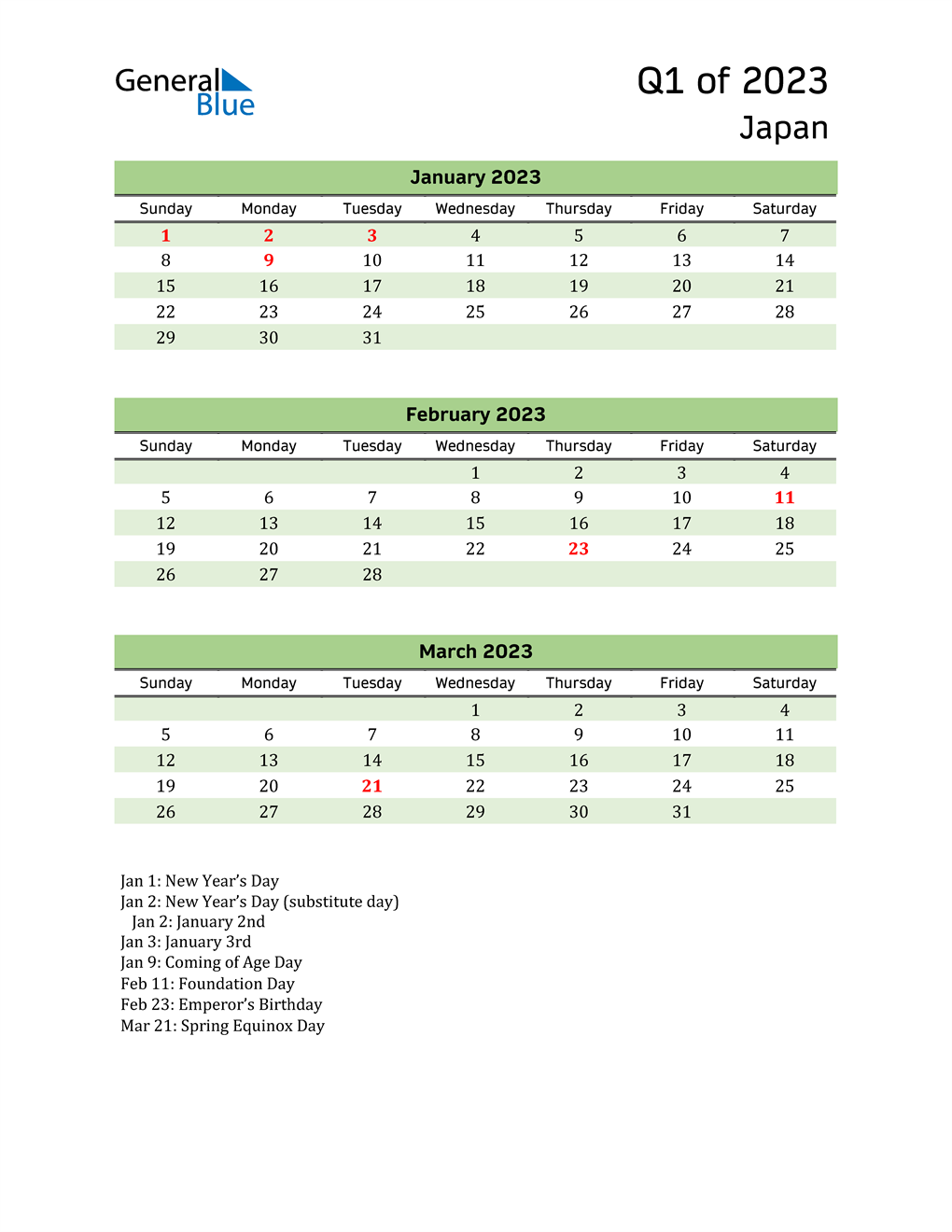  Quarterly Calendar 2023 with Japan Holidays 