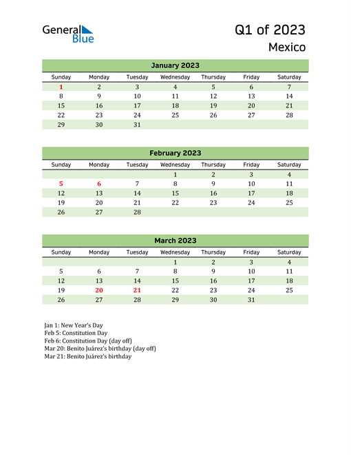  Quarterly Calendar 2023 with Mexico Holidays 