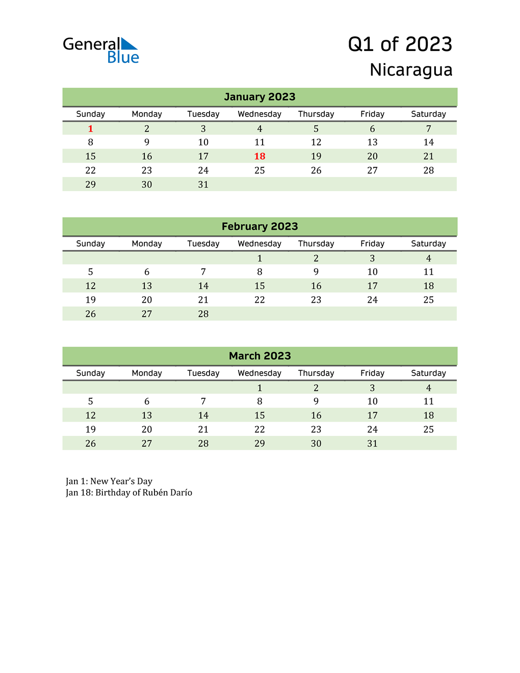  Quarterly Calendar 2023 with Nicaragua Holidays 