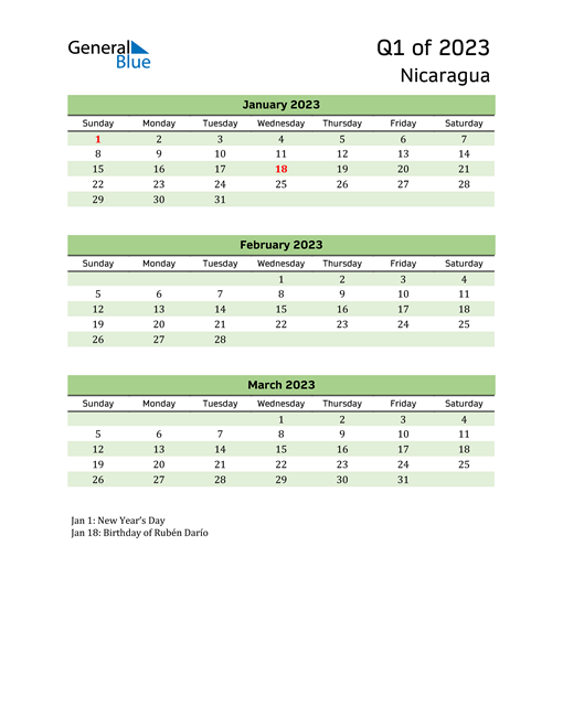  Quarterly Calendar 2023 with Nicaragua Holidays 