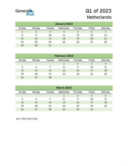  Quarterly Calendar 2023 with Netherlands Holidays 