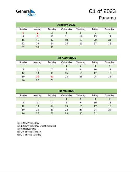  Quarterly Calendar 2023 with Panama Holidays 