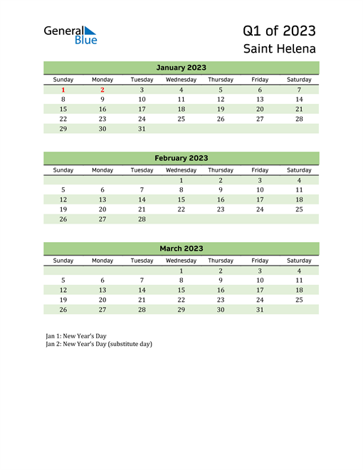  Quarterly Calendar 2023 with Saint Helena Holidays 